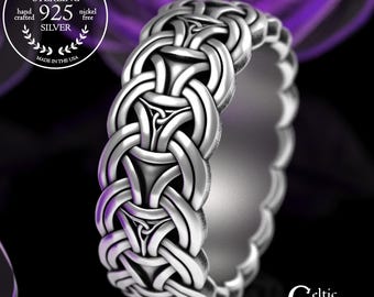 Men's Wide Viking Wedding Band in Sterling Silver, Groom Norse Woven Pattern Ring, Warrior Chainmail Jewelry, Bold Borre Braided Chain, 3305