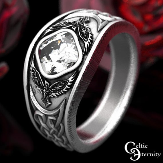 Silver Moissanite Viking Ring, Raven Ring,  Helm of Awe Ring,  Mens Wedding Band, Raven Jewelry, Pagan Jewelry, Viking Wedding 1158