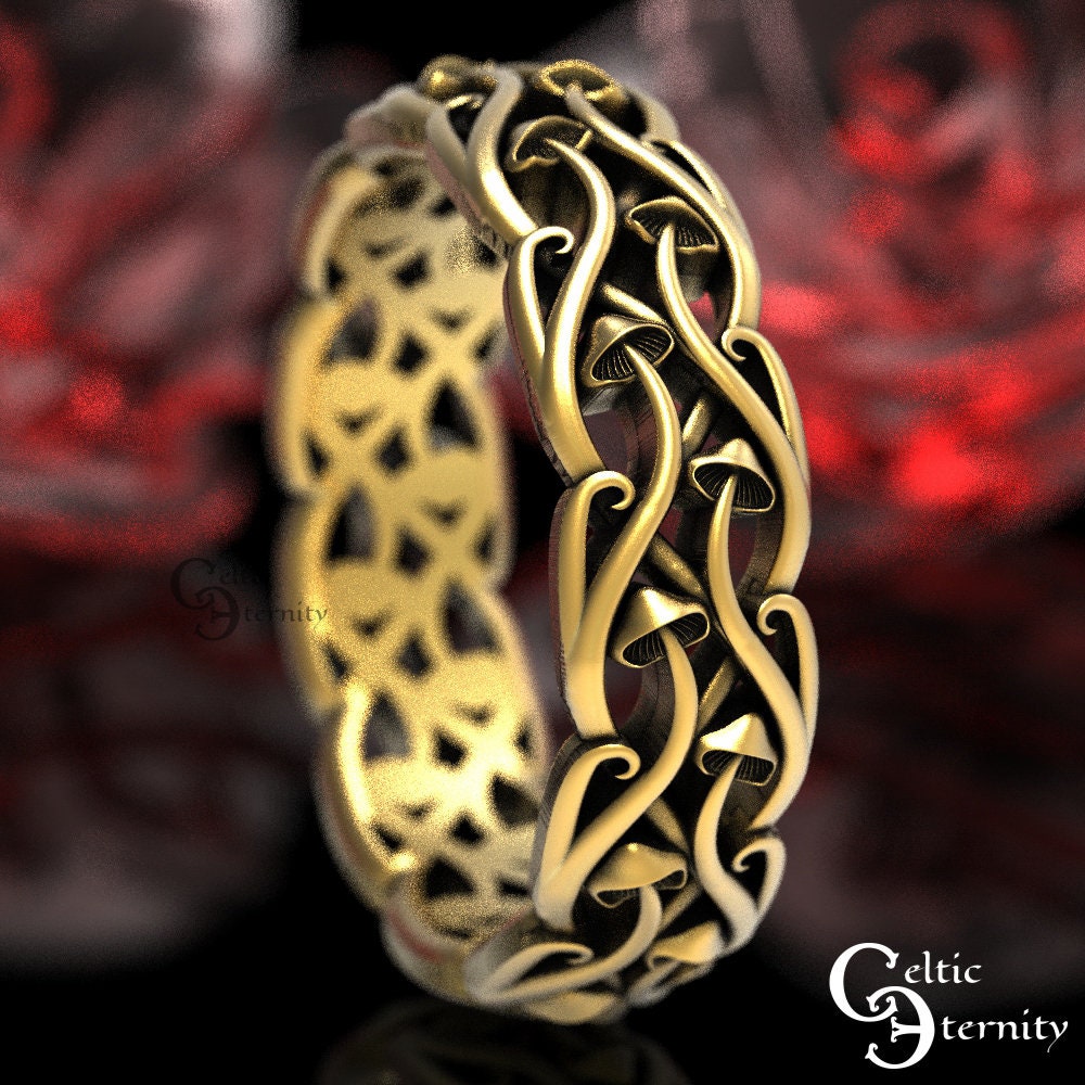 Gold Mushroom Wedding Ring, Magic Mushroom Gold Wedding Band, Mushroom ...