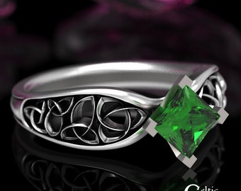 Celtic Princess Cut Emerald Solitaire Trinity Knots, Celtic Engagement Ring, Emerald Sterling Silver Wedding Ring, Celtic Knot Ring, 1427