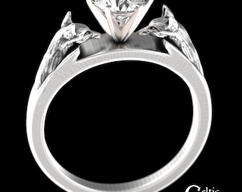 Sterling Silver & Moissanite Fox Engagement Ring, Gemstone Kitsune Solitaire Ring, Womens Silver Reynard Path Finder Handfasting Ring, 1802