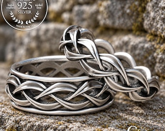His & Hers Wedding Ring Set, Celtic Woven Wedding Ring Set in Sterling Silver, Matching His and Hers Wedding Bands, Celtic Wedding 1328 1329