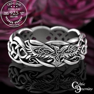 Womens Raven Wedding Ring, Sterling Raven Wedding Band, Sterling Viking Ring, Celtic Raven Ring, Celtic Raven Wedding Ring, Crow Ring, 4727