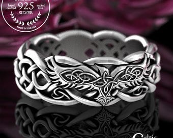 Womens Raven Wedding Ring, Sterling Raven Wedding Band, Sterling Viking Ring, Celtic Raven Ring, Celtic Raven Wedding Ring, Crow Ring, 4727