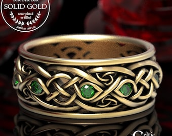 10K 14K Infinity Emerald Wedding Band, Mens Gold Celtic Knotwork Ring, 18K Gold Celtic Emerald Ring, Platinum Infinity Irish Ring, 1096