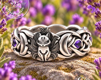 Amethyst & Sterling Mystical Fox Ring, Female Japanese Fox Wedding Band, Magical 9-Tailed Fox Crescent Moons Ring, Heavenly Fox Ring, 3199