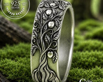 Sterling Tree of Life Wedding Ring, Silver Appletree Ring, Celtic Roots Ring, Irish Family Tree Ring, Woman's Botanical Jewelry, 3354