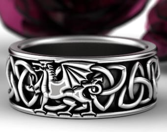 Welsh Dragon Ring Celtic, Sterling Ring, Welsh Wedding Band, Mens Wedding Band, Dragon Jewelry, Norse Dragon Ring, Dragon Wedding Ring, 1182