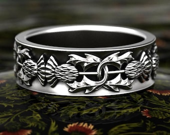 White Gold or Platinum Royal Thistle Wedding Ring, Gold Highland Bloom Handfasting Band, Celtic Thorned Blossom Sacred Union Ring, 1770