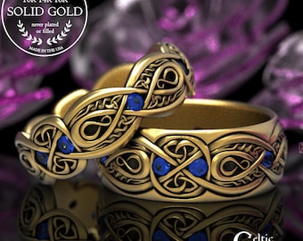 Gouden of platina saffieren drievoudige ringenset, Ierse edelsteenknopenringen, elegante Keltische trouwringen, handvastingsringenset, 1411 1642