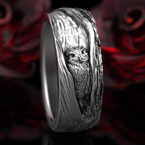 Sterling Silver Owl Wedding Ring, Owl Wedding Band, Tree Bark Wedding Rings, Mens Owl Wedding Ring, Barn Owl Ring 1792