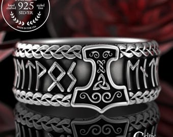 Sterling Norse Warrior Rune Ring, Wide Men's Viking Wedding Ring, Skaldic Kenning Elder Futhark Ring, Odin Thor Hammer Warrior Band, 3289