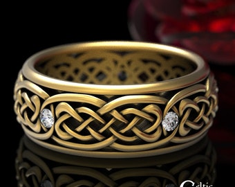 Moissanite & Gold Wedding Band, Gold Celtic Wedding Band, Mens Gold Wedding Ring, Gold or Platinum Mens Ring, Mens Celtic Wedding Band, 1584
