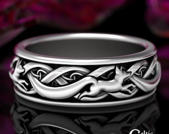 Mens Sterling Fox Ring, Celtic Fox Wedding Band, Mens Celtic Animal Ring, Silver Celtic Fox Ring, Sterling Mens Ring, Fox Wedding Ring, 1872