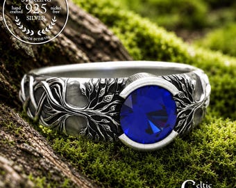 Sapphire Tree Solitaire Ring, Sterling Tree of Life Ring, Silver Amethyst Forest Engagement, Celtic Low-Profile Botanical Wedding Ring, 2034