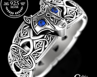 Celtic Wolf Ring, Sapphire Eye Wolf Ring, Sterling Wolf Ring, Wolf Wedding Ring, Silver Viking Ring, Viking Wolf Ring, Men's Wolf Ring, 1744