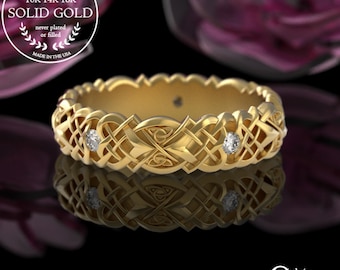 Gold & Moissanite Celtic Knot Ring, Heart Knot Gold Wedding Ring, Women's Moissanite Celtic Knot Ring, Celtic Gold 10K 14K 18K Platinum 4014