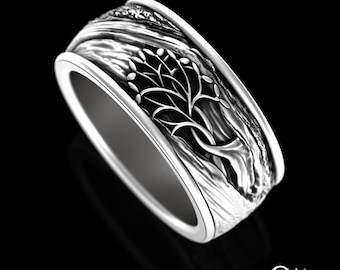 Mens Silver Tree of Life Ring, Sterling Tree Ring, Tree of Life Wedding Band, Celtic Men's Wedding Band, Wide Irish Tree Bark Ring, 3157