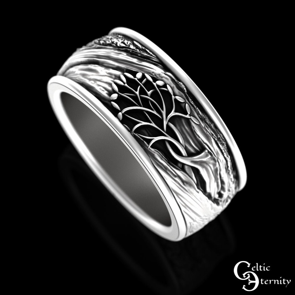Mens Silver Tree of Life Ring Sterling Tree Ring Tree of Life Wedding Band Celtic Men s Wedding Band Wide Irish Tree Bark Ring 3157