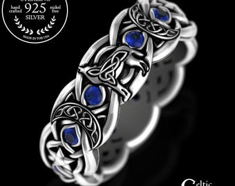 Sterling Witchy Wolf Ring, Sapphire Howling Wolf Magic Ring, Moon Goddess Jewelry, Lady Wolf Wedding Band, Womans Arcane Wiccan Ring, 3261
