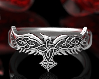 Sterling Silver Celtic Raven Ring, Raven Wedding Band, Womens Wedding Band, Silver Raven Ring, Raven Viking Ring, Silver Crow Ring, 1286