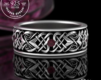Sterling Mens Ruby Wedding Band, Woven Groom Celtic Ring, Silver Braided Heart Ring for Man, Sapphire Traditional Irish Wedding Ring, 4015