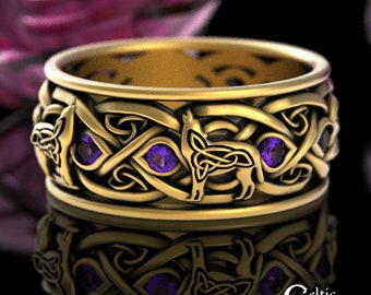 Gold Wolf Wedding Band, Mens Amethyst Wolf Wedding Band, Howling Wolf Ring, 10K Mens Wedding Ring, 14K Mens Celtic Amethyst Ring, 1269