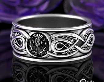 Classic Scottish Wedding Band, Sterling Silver Thistle Wedding Ring, Mens Scottish Wedding Band, Silver Celtic Infinity Wedding Ring, 3034
