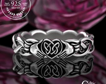 Sterling Fenian Claddagh, Silver Joined Heart Handfasting Ring, Women's Love Ring, Simple Irish Wedding Band, Ladies Small Celtic Ring, 3254