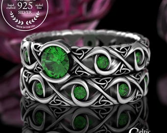 Bridal Stacking Engagement Celtic Ring Set, Sterling Emerald Irish Brides Wedding Band Set, Infinity Matching Engagement Rings, 1741 4043