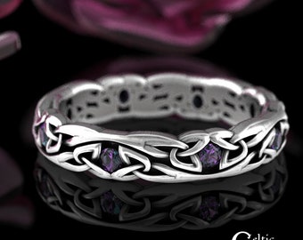 Alexandrite & Gold Wedding Ring, Delicate Wedding Band, Womens Thin Celtic Ring, Alexandrite White Gold Ring,10K 14K Irish Wedding Band 1467