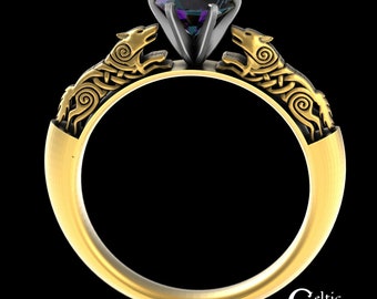 Gold Wolf Engagement Ring, Alexandrite Solitaire Ring, Celtic Wolf Wedding Ring, 14K Solitaire Celtic Ring, Alexandrite Solitaire Ring, 1801