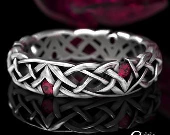 Ruby Celtic Wedding Band, Narrow Wedding Ring, Sterling Celtic Wedding Ring, Unique Wedding Band, Thin Wedding Ring, Modern Ruby Ring, 1505
