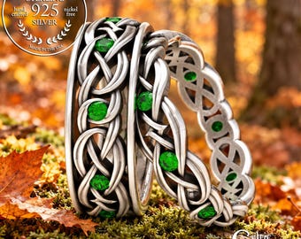 Matching Celtic Ring Set, Sterling Emerald Wedding Bands, Emerald Celtic Wedding Rings, Matching Wedding Rings, Silver Irish Rings 1899 1900