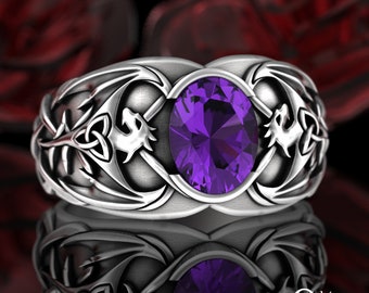 Amethyst Dragon Ring, Sterling Celtic Dragon Statement Ring, Mens Engagement Ring, Dragon Class Ring, Amethyst Scottish Wedding Ring, 3116