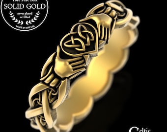 Gold Galway Claddagh Ring for Woman, 10K Woven Heart Handfasting Ring, Simple 14K Celtic Bride Wedding Band, Gold Irish Heritage Ring, 3254