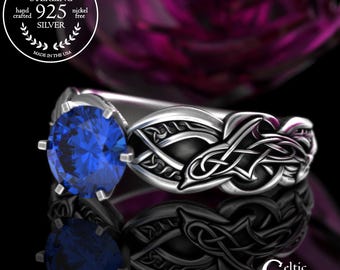 Sapphire Dolphin Engagement Ring, Sterling Porpoise Life Partner Ring, Silver Ocean Theme Wedding Ring, Sea Guardian Water Dancer Ring, 3122