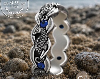 Sterling Seahorse Wedding Band with Sapphires, Woman Nautical Wedding Ring, Silver Ocean Wedding Theme Jewelry, Coral Reef Animal Ring, 2104