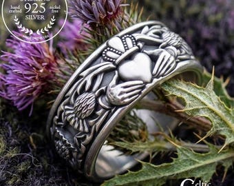 Groom's Sterling Thistle Wedding Ring, Mens Scottish Highlands Ring, Silver Scotland Heritage Jewelry, Irish Claddagh Marriage Vow Band,3281