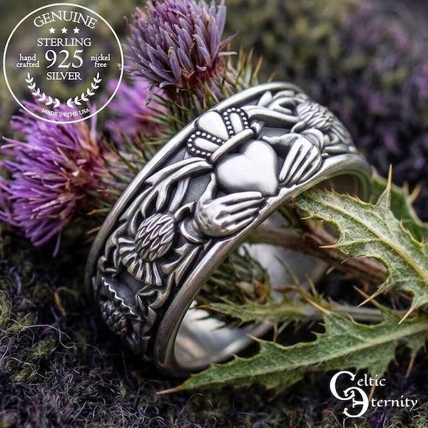 Groom's Sterling Thistle Wedding Ring, Mens Scottish Highlands Ring, Silver Scotland Heritage Jewelry, Irish Claddagh Marriage Vow Band,3281