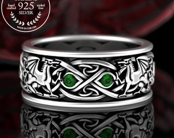 Mens Emerald Welsh Dragon Ring, Sterling Silver Dragons Wedding Band, Viking Dragon Ring, Celtic Irish Knotwork Ring, Nordic Dragons, 3109