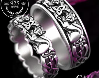 Matching Celtic Cat Lovers Wedding Bands, Sterling His Hers Kitty Cat Ring Set, Siamese Cat Jewelry, His Hers Irish Animal Rings, 2154 2155