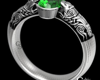 Celtic Wolf Ring with Emerald, Solitaire Emerald Engagement Ring, Celtic Engagement Ring, Emerald Engagement Ring, Wolf Wedding Ring, 9009