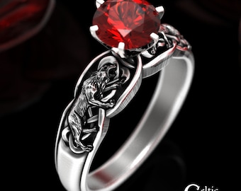Ruby Wolf Engagement Ring, Sterling Silver Wolf Engagement Ring, Celtic Wolf Engagement Ring, Ruby Silver Wedding Ring, Direwolf Ring, 1868