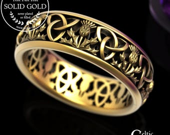 Gold Classic Scottish Wedding Band, Yellow Gold Thistle Ring, Gold Scottish Thistle Ring, Gold Trinity Knot Wedding Band, Trinity Ring, 1811
