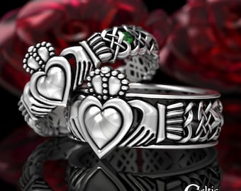 Sterling His Hers Claddagh Rings, Emerald Claddagh Wedding Rings, Irish Love Rings, Claddagh Wedding Set, Matching Heart Rings, 1546 1545