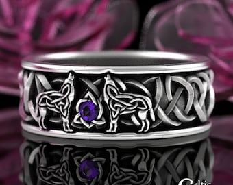 Amethyst & Sterling Wolf Wedding Ring, Mens Silver Nordic Wolves Wedding Band, Silver Knotwork Wolves Ring, Mens Celtic Wolf Ring, 1703