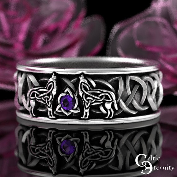 Amethyst & Sterling Wolf Wedding Ring, Mens Silver Nordic Wolves Wedding Band, Silver Knotwork Wolves Ring, Mens Celtic Wolf Ring, 1703