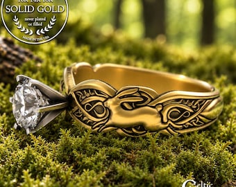 Gold Rabbit Engagement, 1 Carat Moissanite Bunny Solitaire, 10K 14K 18K Celtic Bunnie, White Gold Scottish Hare, Platinum Bridal Ring, 3184