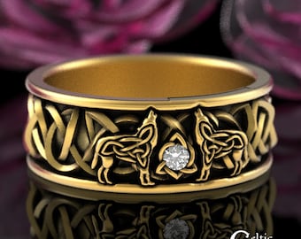 10K Mens Moissanite Wolf Wedding Ring, Gold Nordic Wolves Wedding Band, Gold Viking Wolves Ring, 14K 18K Gold Mens Celtic Wolf Ring, 1703